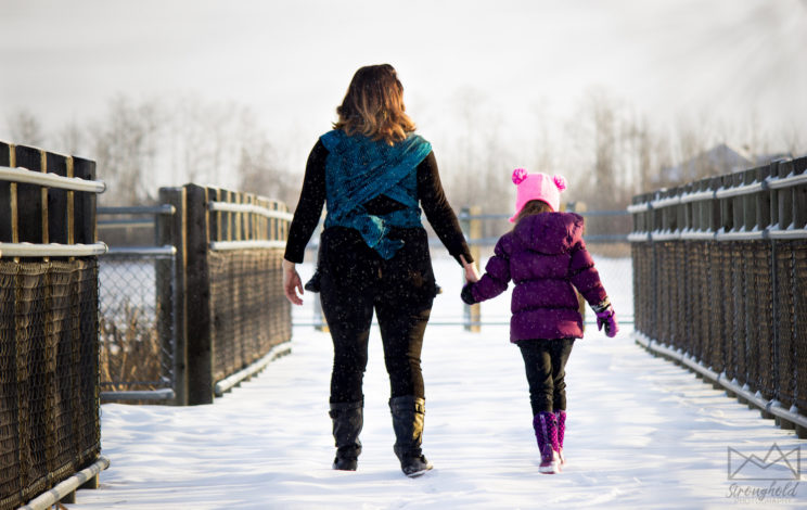 Hiking as Therapy by Momma Luvz for Hike it Baby (image of a mom with her daughter walking along a snow covered path)