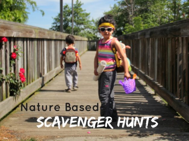 Nature Based Scavenger Hunts, your New Hiking Friend by Jenyfer Patton for Hike it Baby (image of a kid decked out with roll of paper, sunglasses and beach basket)