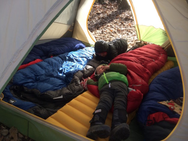 Love the Layer You're In by Heidi Schertz for Hike it Baby (Two young boys camping in winter inside a tent)